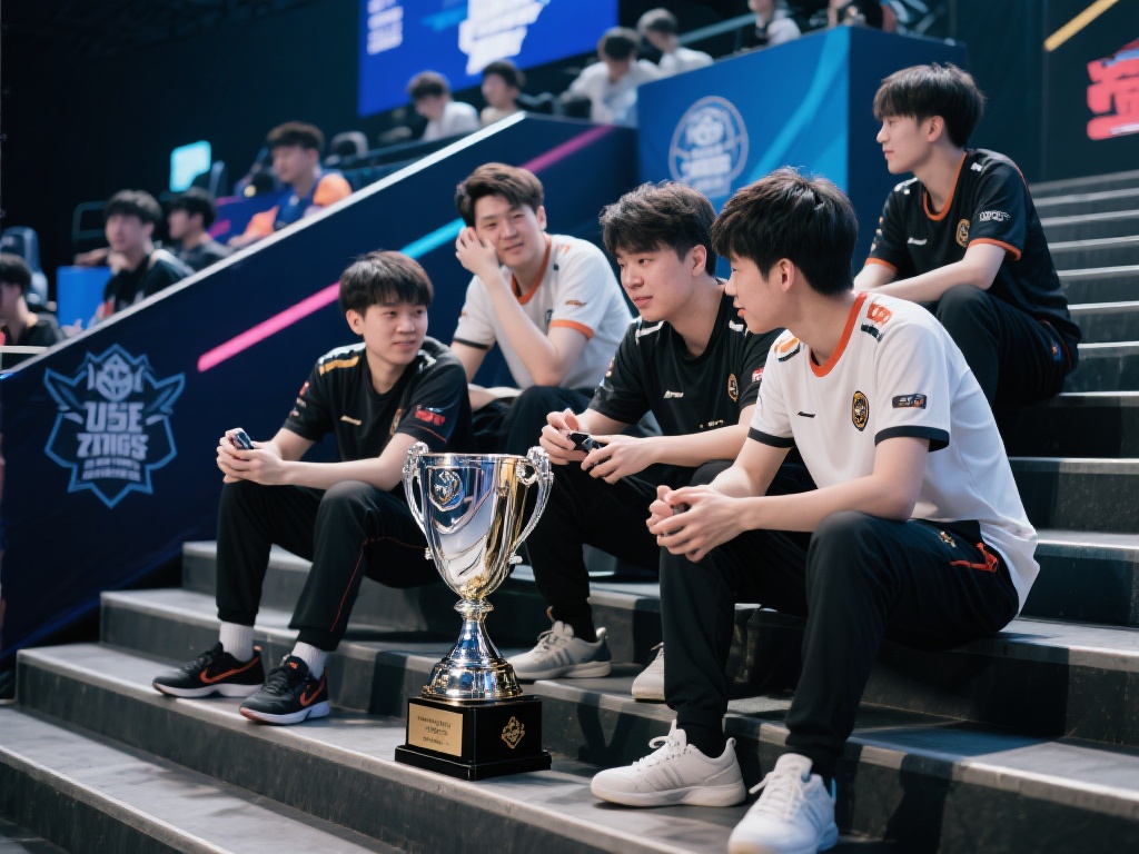 图片中选手们或许坐在台阶上闲谈，或许趁着